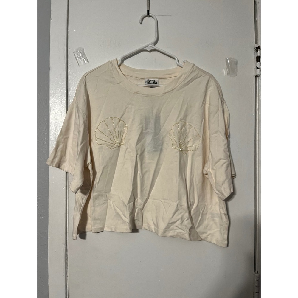 Future Collective Pearl Seashell Cropped T-Shirt Cream XXL New